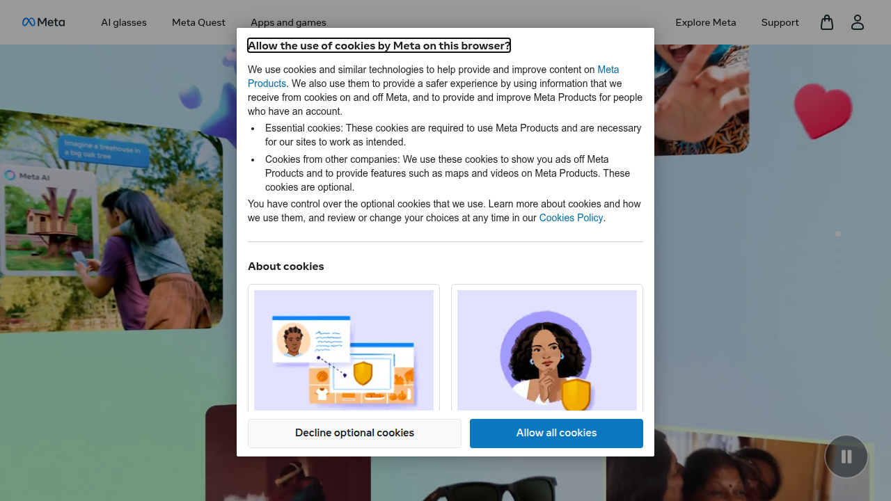 The official Meta Platforms website, showcasing its various technologies and initiatives.