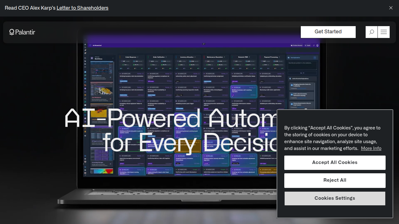 The official Palantir Technologies website, highlighting its data analytics solutions.