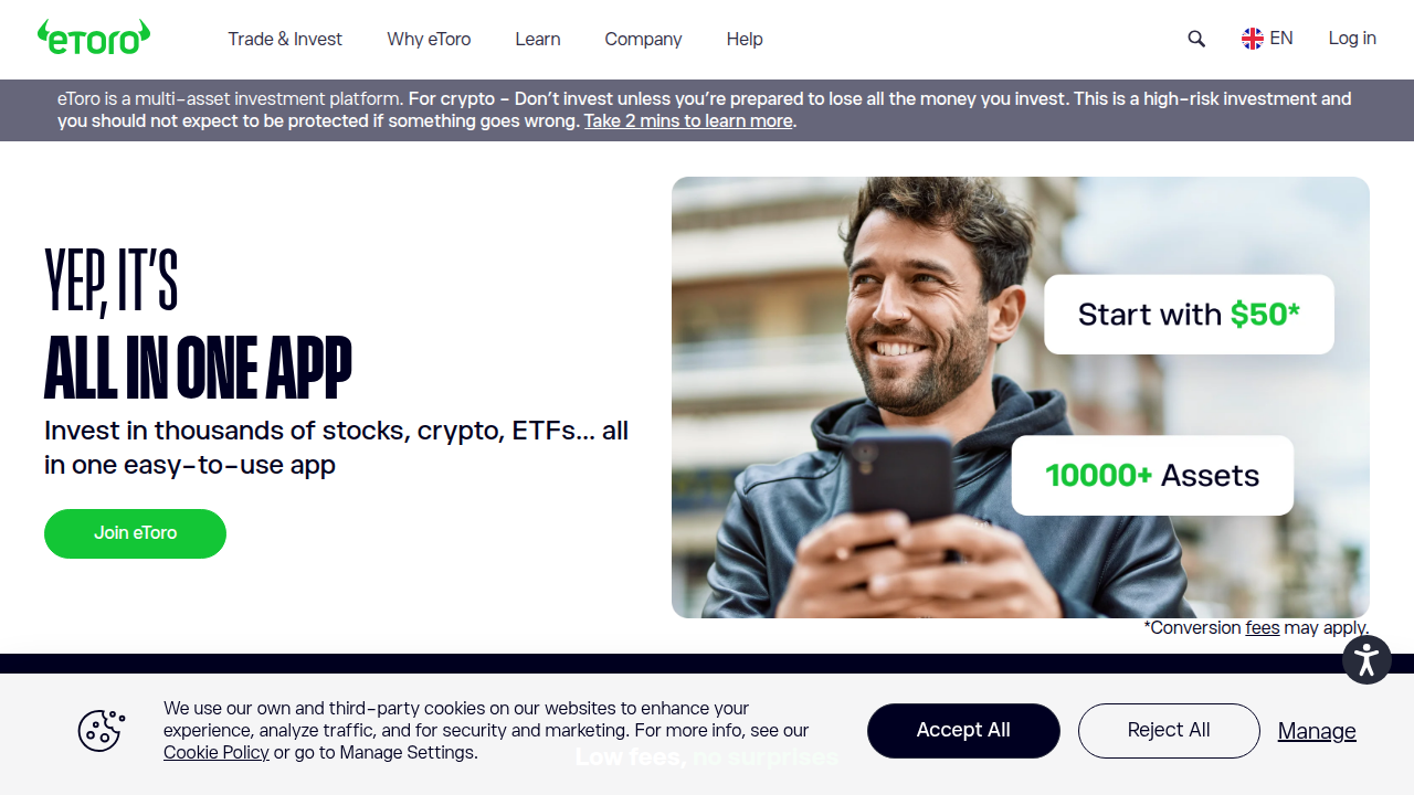Screenshot of the eToro platform homepage, known for its social learning and virtual demo account.