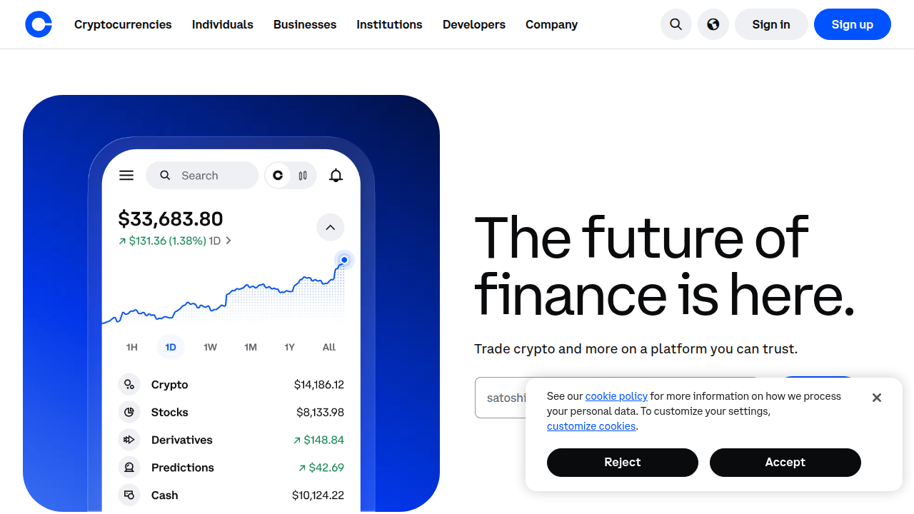Screenshot of the Coinbase platform homepage, highlighting its straightforward interface for buying and selling crypto.