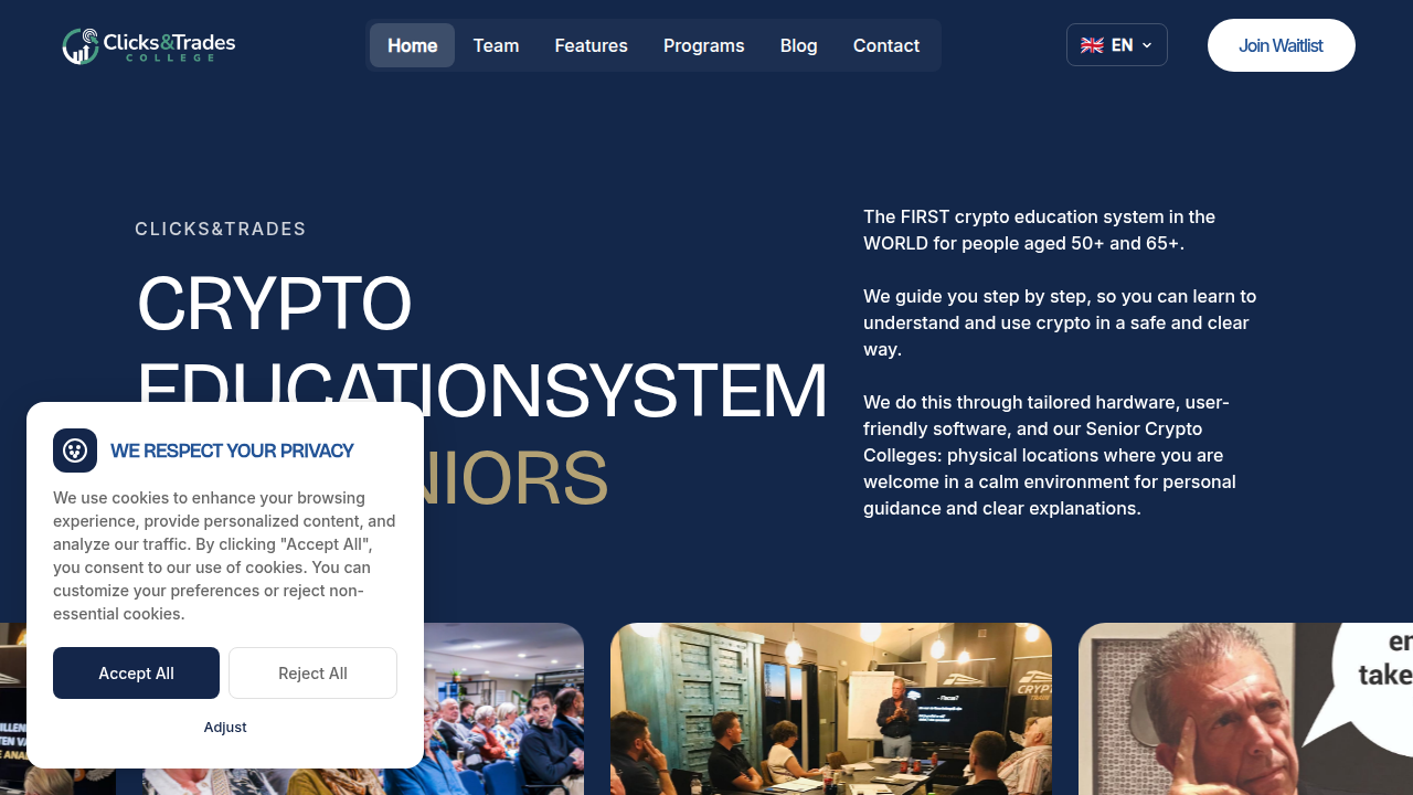 Screenshot of the Clicks and Trades newsletter website, a resource for ongoing crypto education and safety tips.