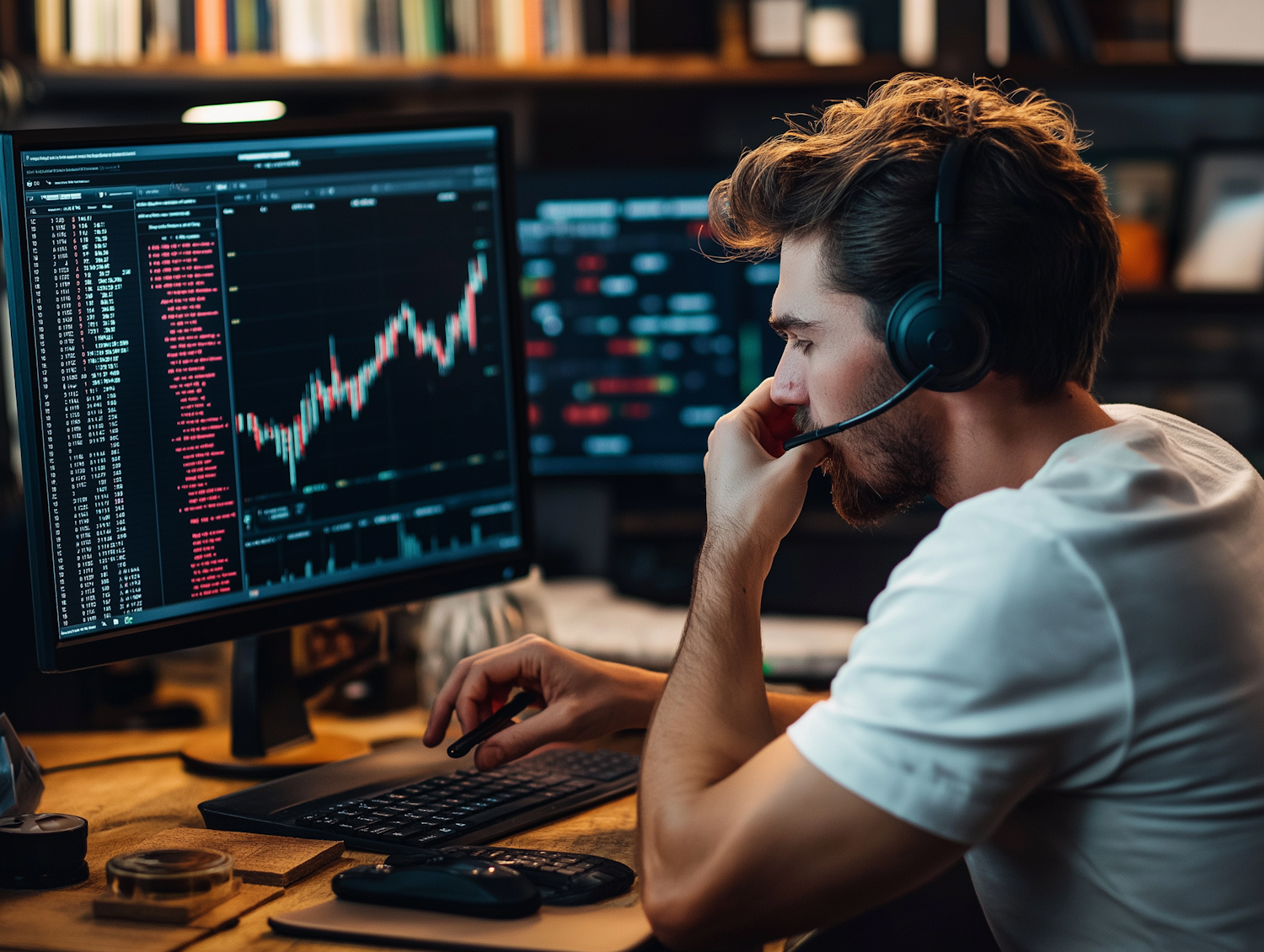 A focused individual intently examining financial charts, practicing technical analysis to identify trends and patterns.