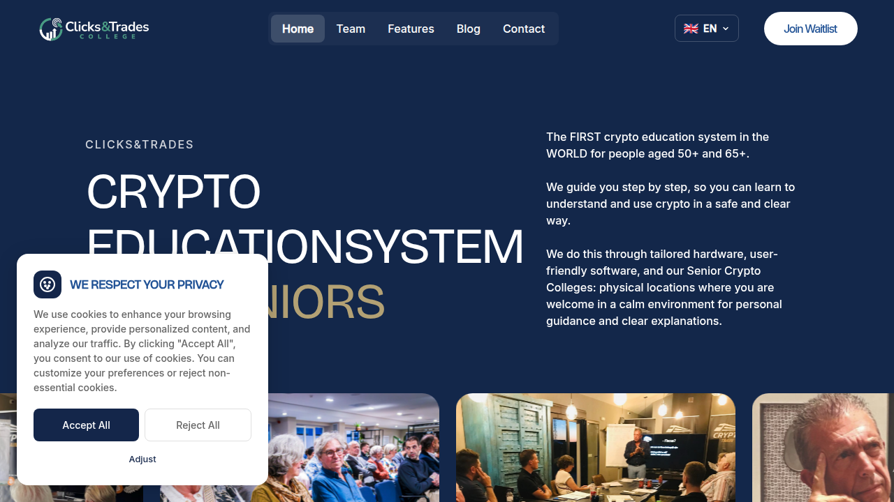 The homepage of the Clicks and Trades newsletter, a resource for simplified crypto education and trading tips.